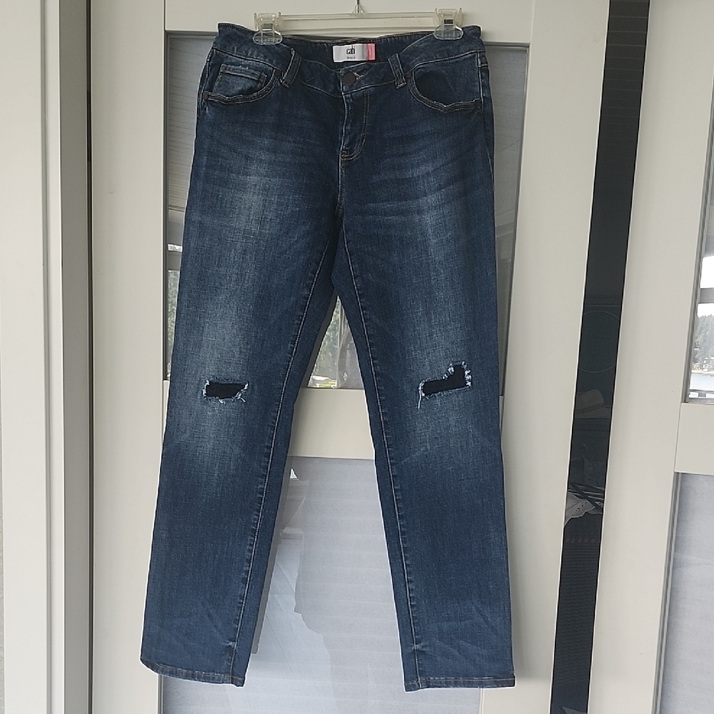 CAbi Blue Straight Leg Jeans with Distressed Details